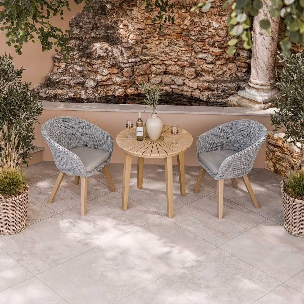 Royalcraft ROMA Bistro Set with Sol Dining Chairs in Natural Acacia Wood and Rattan, Brown and Sand – 2