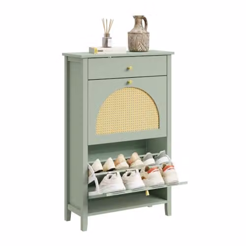 SoBuy Country House Shoe Storage Cabinet with Rattan Doors and Tilting Compartments in Green and Yellow, W/D/H: 62 x 25 x 97 cm