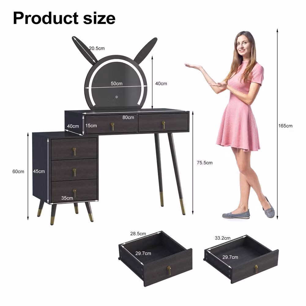 KEEPREAPER Modern Dressing Table with LED Mirror and 5 Drawers in Black with Metal Legs – 2