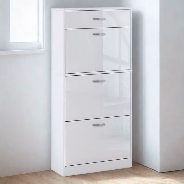 Pirlo Plush White Glossy Hallway Shoe Storage Cabinet with 4 Tilting Compartments and Internal Shelves, H 135 x W 62 x D 24 cm – 1