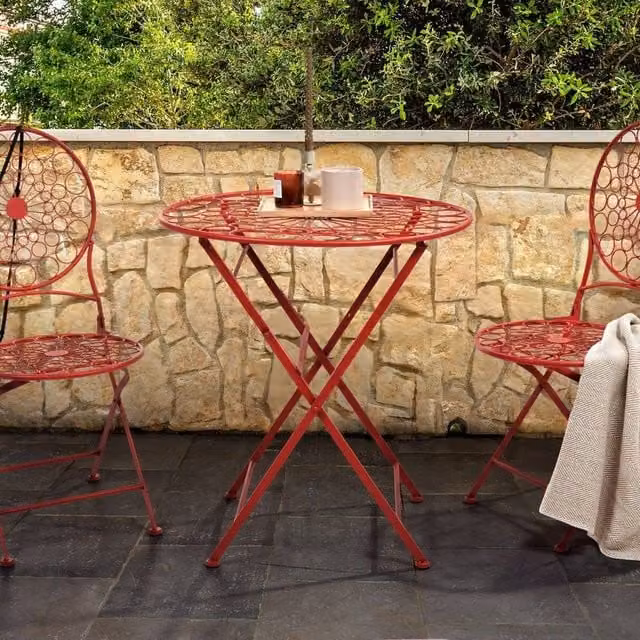 Wyld and Coco Provençal Red Iron Bistro Set with Round Folding Table and 2 Chairs