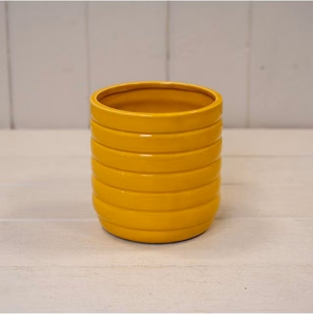 KDMD Mustard Beehive Ceramic Pot in Yellow with Rustic Round Design