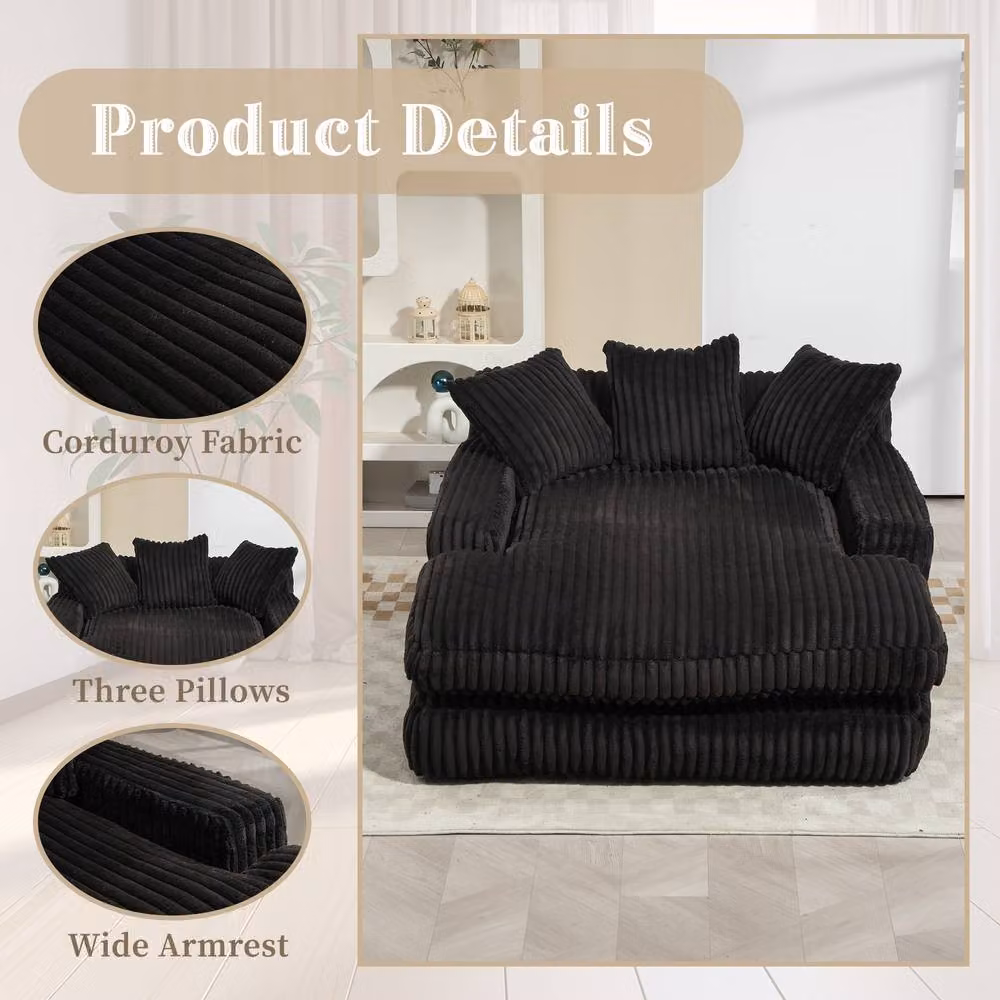 Gomyway Matteo Black Left Facing L-Shape Corduroy Chaise Lounge Sofa Bed with Sleeping Function and Scatter Cushions – 3