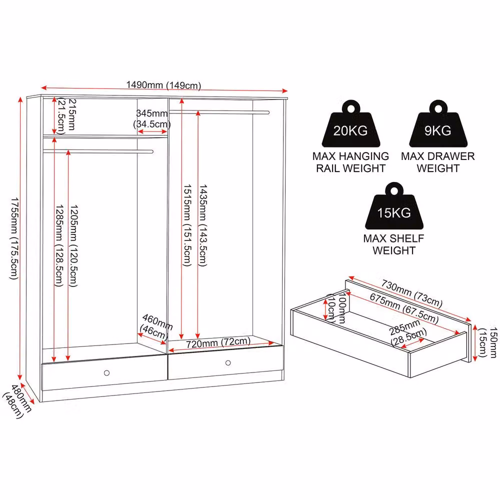 Seconique Denver 4 Door 2 Drawer Mirrored Wardrobe in Grey Gloss, H 175.5 cm x W 149.0 cm – 2