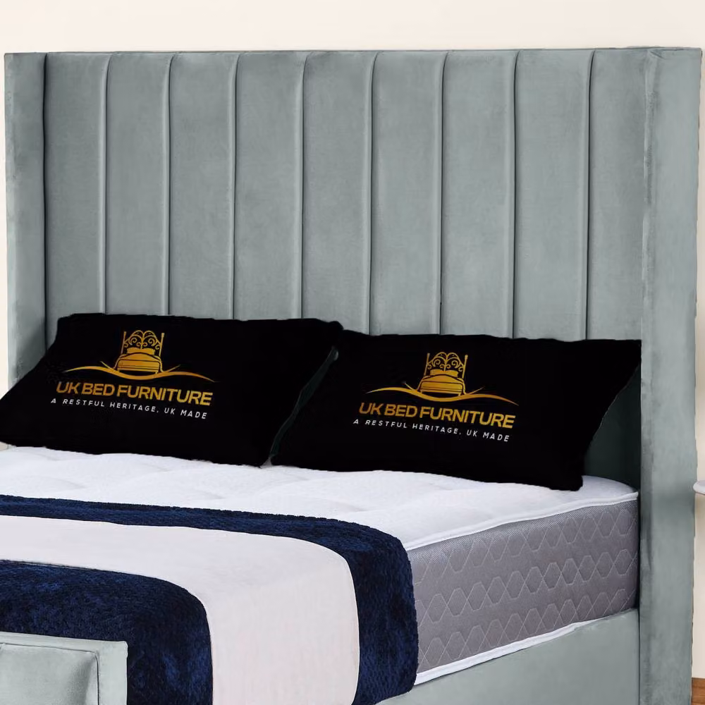UK Bed Furniture Empire Winged Slatted Base Upholstered Velvet Bed in Grey, Size: 180 x 200 cm – 2
