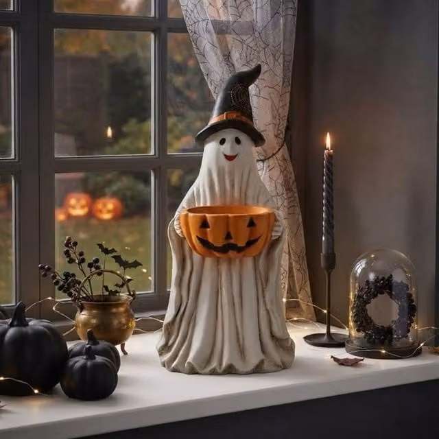 Garden Greatness Tall Halloween Ghost Pumpkin Ceramic Tabletop Ornament in White and Multicolour, H: 71.0 cm, W: 33.0 cm, D: 33.0 cm