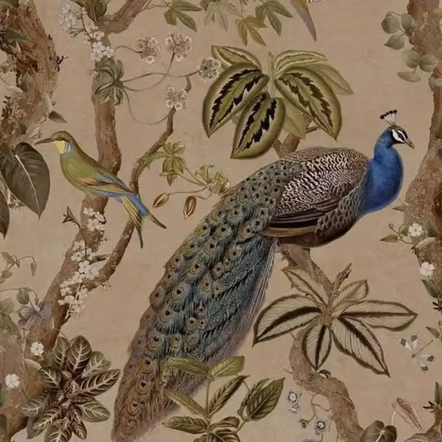 Holden Décor Woods Peacock Wallpaper in Taupe and Beige
