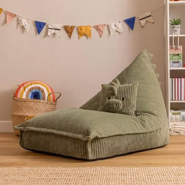 icon Kids Animal Print Bean Bag Lounger and Cushion Bundle in Green Corduroy – 1