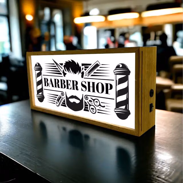 Echo Three Vintage LED Barber Shop Light Box Sign, Brown and White Wood Wall Decor