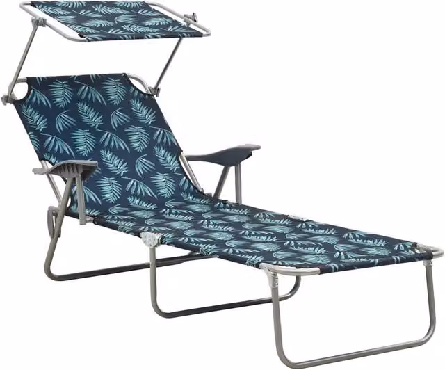 Berkfield Home Sun Lounger with Canopy in Navy Blue Steel Leaf Print