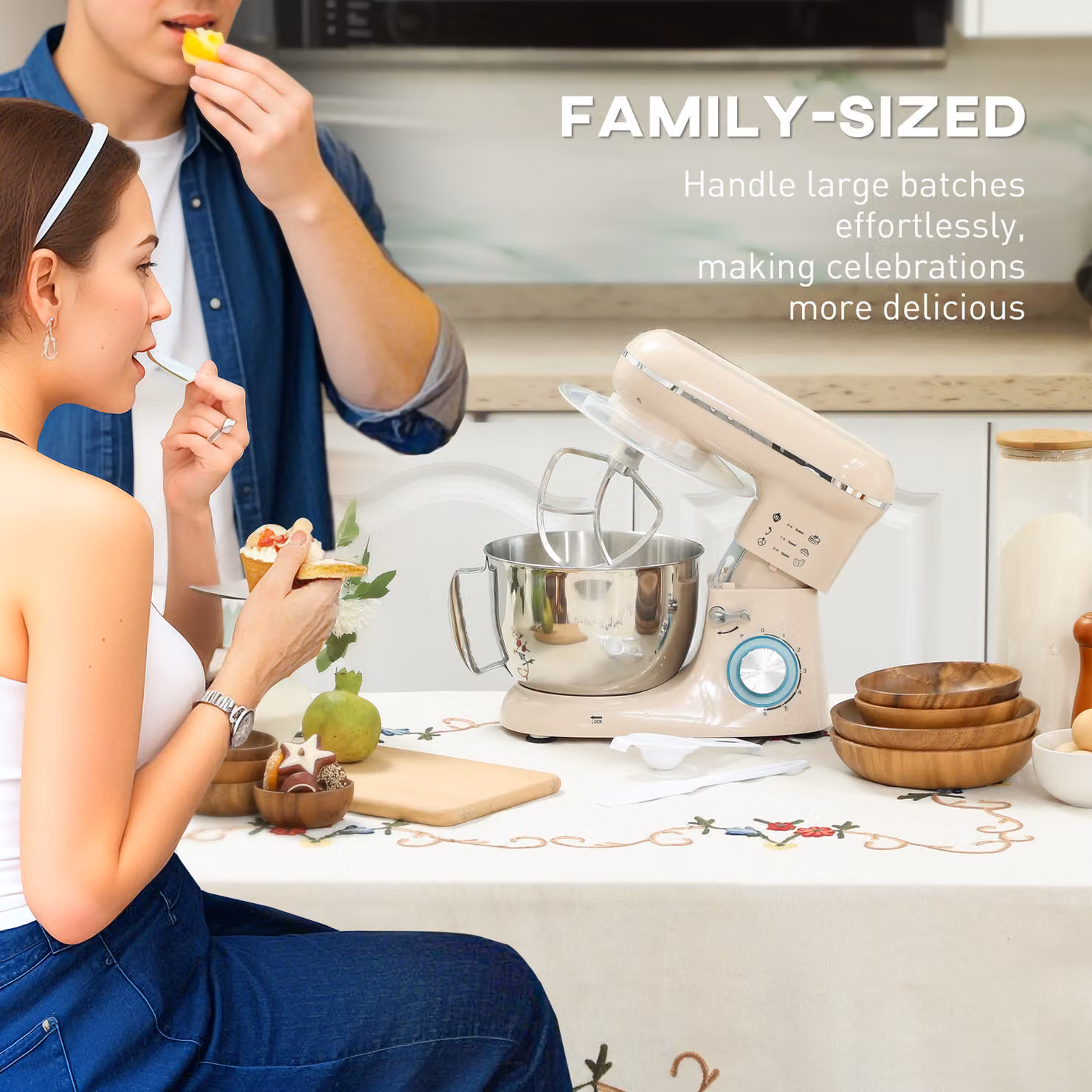 HOMCOM 1300W Kitchen Stand Mixer with Accessories in Beige – 4
