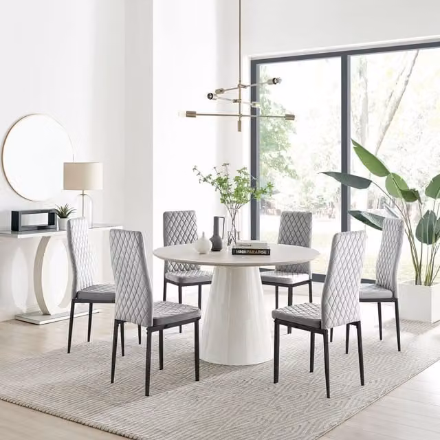 FurnitureboxUK Palma Beige Stone Effect Round Dining Table and 6 Milan Black Leg Chairs in Grey