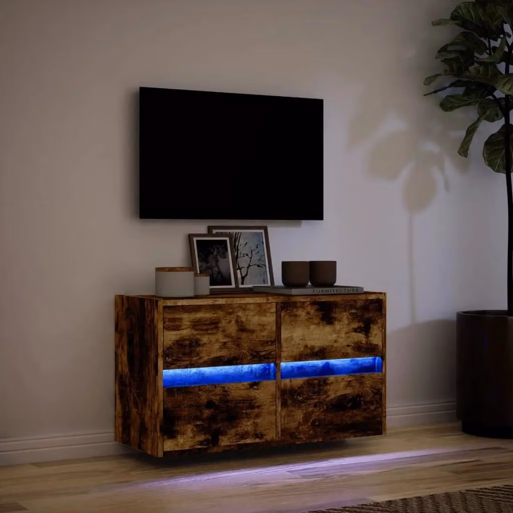 Berkfield Home TV Wall Cabinet with LED Lights in Smoked Oak Brown, W/D/H: 80 x 31 x 45 cm – 3
