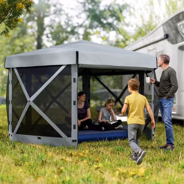 Outsunny Hexagon Pop Up Gazebo with 5 Sides, Light Grey, W: 300 cm x D: 300 cm