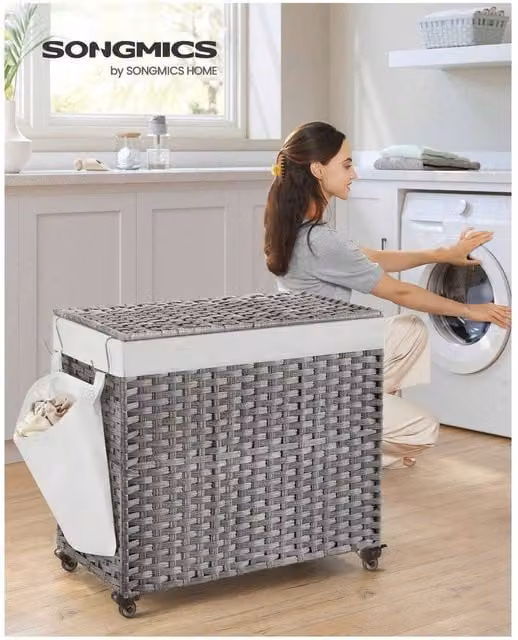 SONGMICS 160 L 3-Compartment Rolling Laundry Hamper with Removable Bags and Wheels, Grey