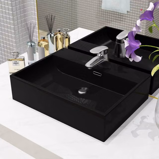 Berkfield Black Ceramic Rectangular Wall Mounted Basin with Faucet Hole W/D/H: 51.5 x 38.5 x 15 cm – 1