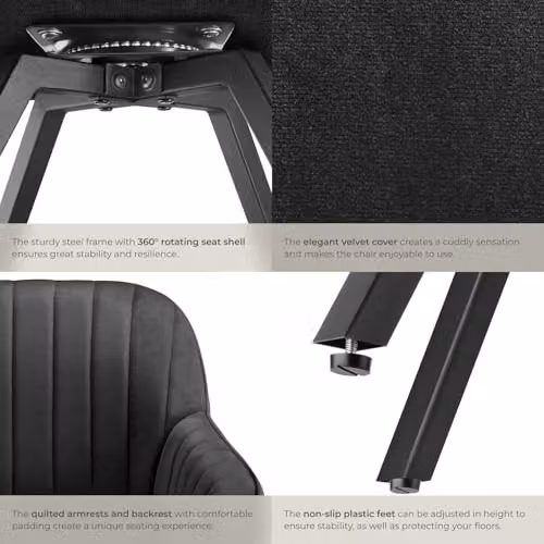 tectake Set of 6 Black Velvet Swivel Dining Chairs with Armrests – 5