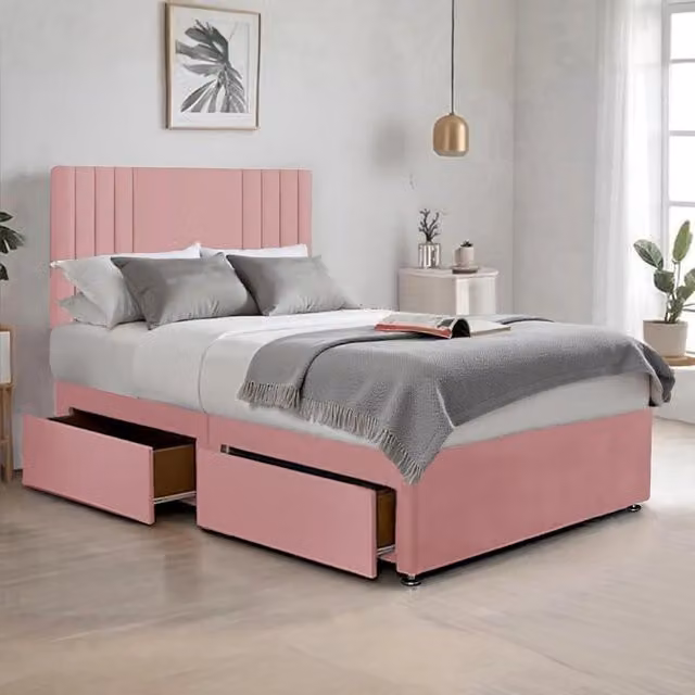 Bed Time UK Plush Sawana King Size Bed with 20 inch Headboard, Memory Foam Hybrid Mattress and 2 Drawers in Pink, W/D/H: 180 x 200 cm