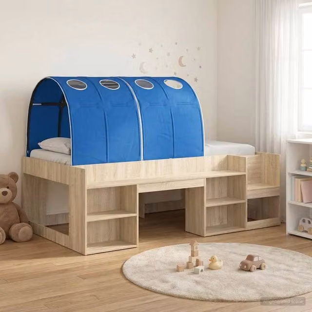Berkfield Home 3-Piece Childrens Bed Frame with Tunnel in Sonoma Oak and Blue Engineered Wood – 1