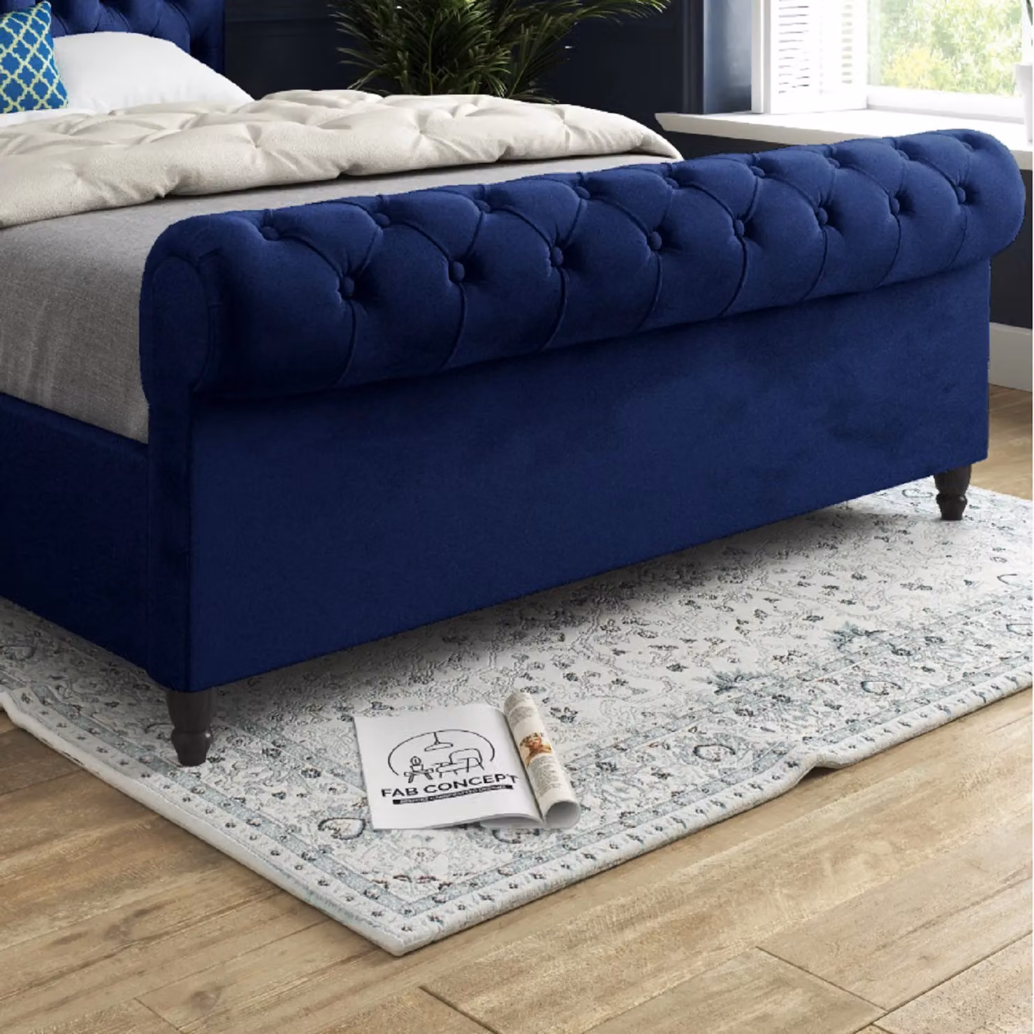 Casani Sienna Sleigh Upholstered Soft Velvet Bed Frame in Blue, W/D/H: 128 x 119 x 200 cm – 3