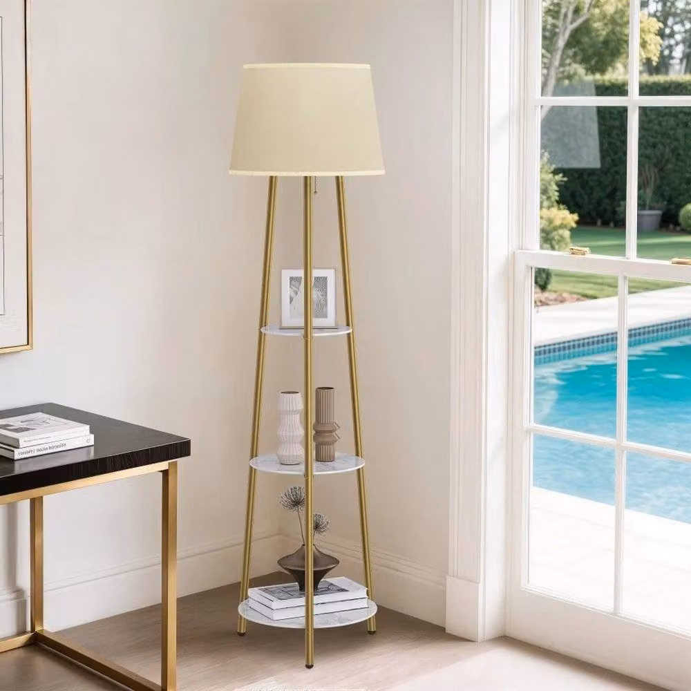 Hinsinc 3-Tier Shelf Floor Lamp with Beige Shade and Gold/Brass Metal Frame – 2