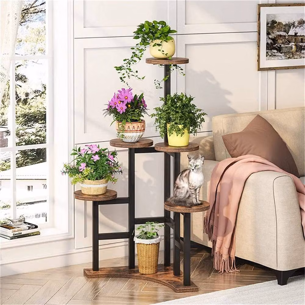 Kelvenix 6-Tier Corner Plant Stand, Brown Metal and Wood Ladder Shelf – 2
