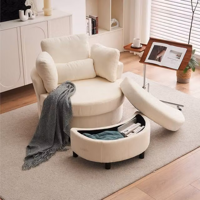 Direct Wicker Ivory Chenille Swivel Armchair with Cushion Pillow and Matching Crescent Ottoman Stool – 1