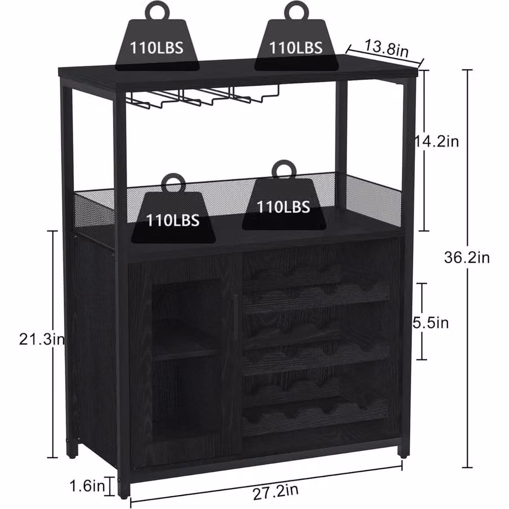 VOGREX Modern Black Wine and Coffee Cabinet with Glass Doors and Removable Wine Rack, H 91.44 cm x W 69.09 cm x D 40 cm – 2