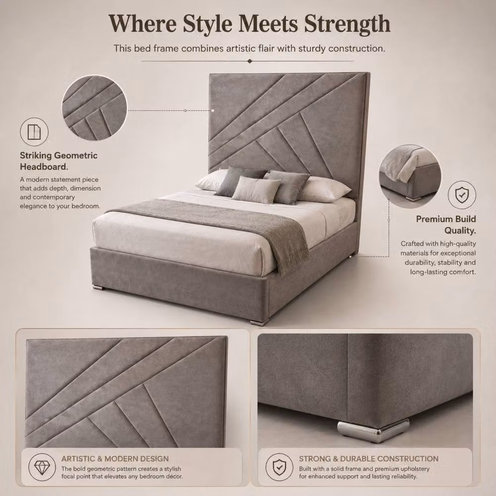Stratus Interiors Virgo Geometric Upholstered Bed Frame in Grey, Super King, W/D/H: 182.88 x 200 x 152 cm – 2