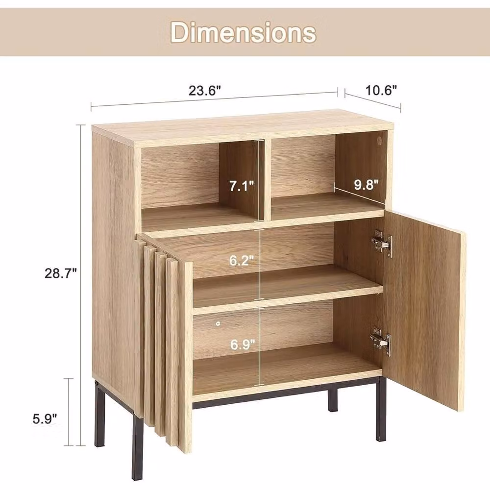 Havendro Brown Sideboard Buffet Cabinet with Door and Shelf, Modern Geometric Wood and Metal Storage Accent Table – 2