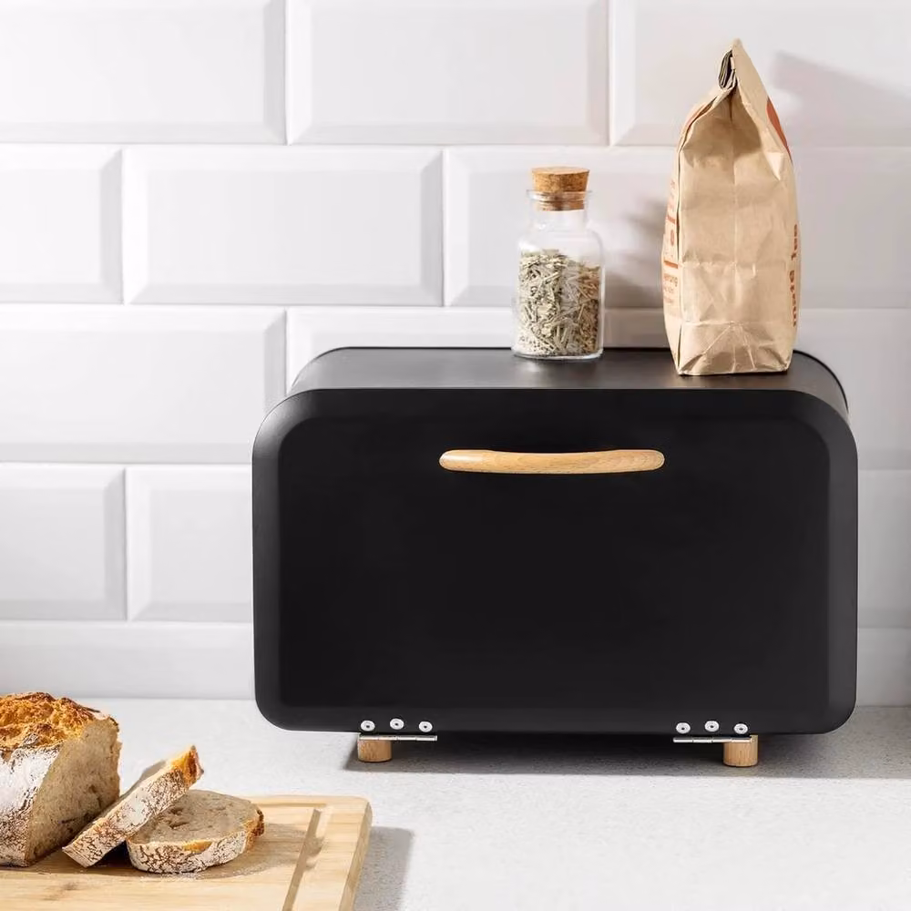 Havendro Metal Bread Bin with Roll Front Drop Down Door in Black, W: 35.2 cm, D: 23.5 cm, H: 23.0 cm – 3