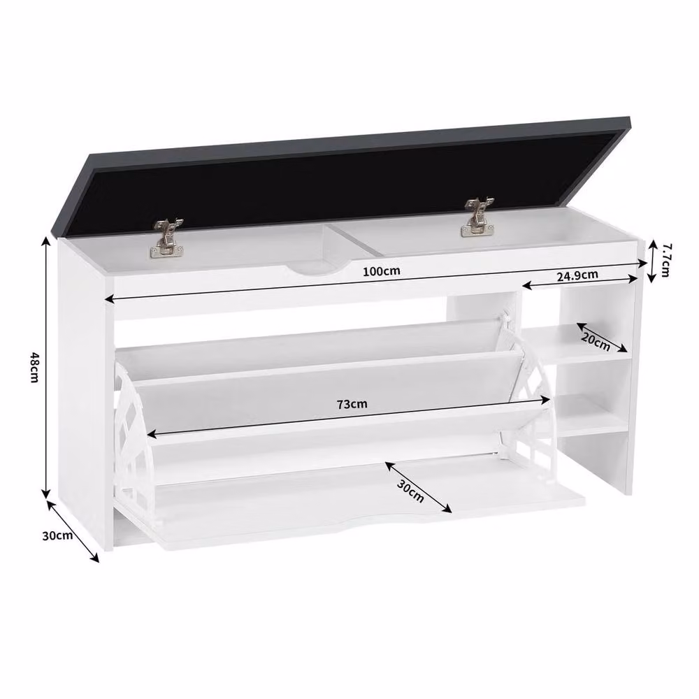 VOGREX Modern Industrial Shoe Bench with Side Storage Flip Drawer Seat Cabinet in Black, White or Multicolour – 2