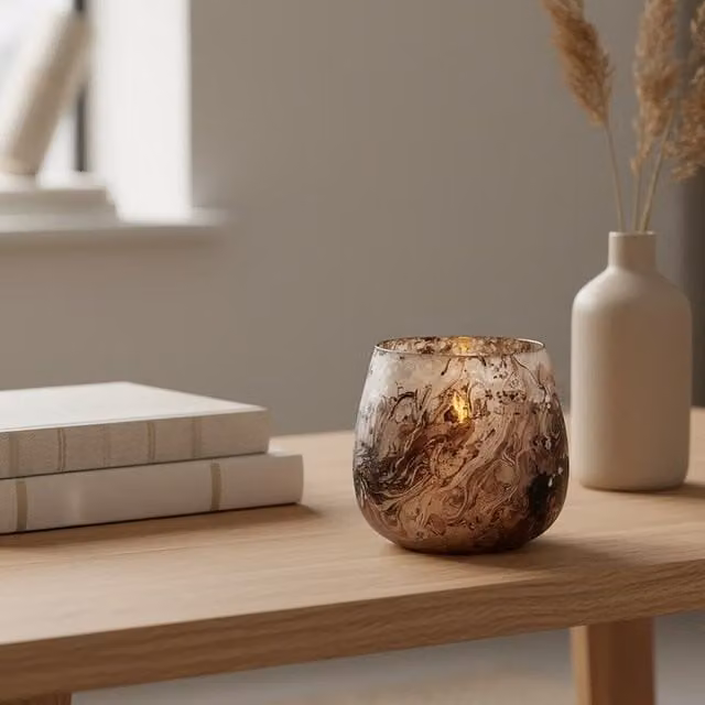 Orsina Abstract Round Glass Tealight Candle Holder in Brown and Silver – 2