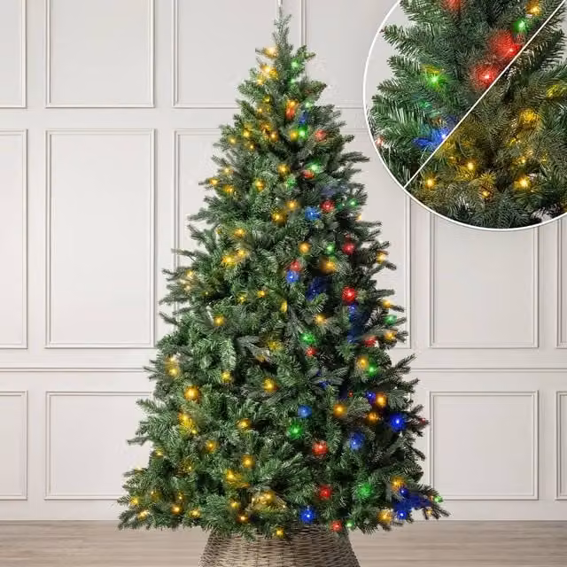 Christow Pre-Lit Fraser Fir Christmas Tree with RGB LED Colour Switch Timer in Green, Height: 8ft