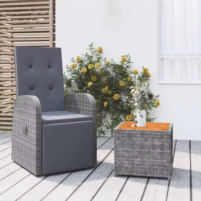 Berkfield Home 2 Piece Grey Poly Rattan and Acacia Wood Garden Lounge Set with Armchair, Coffee Table and Cushions