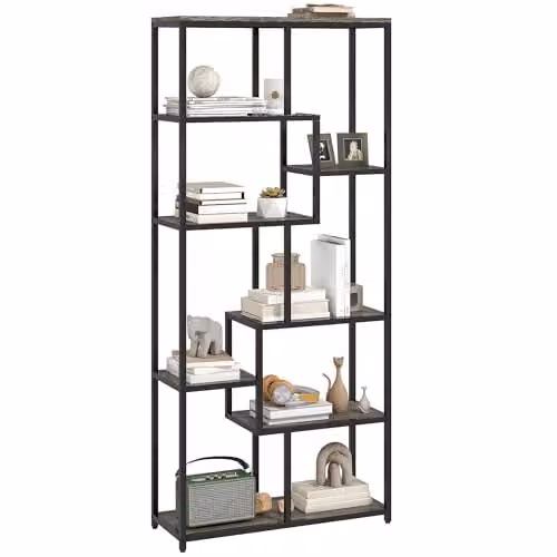 HOMCOM 7-Tier Industrial Geometric Bookshelf, Grey and Black, W: 80.0 cm, D: 30.0 cm, H: 180.0 cm