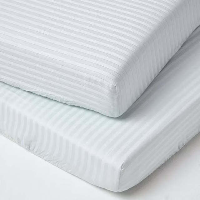 Homescapes 2 Pack Blue Striped Egyptian Cotton Percale Fitted Cot Sheets, 330 Thread Count
