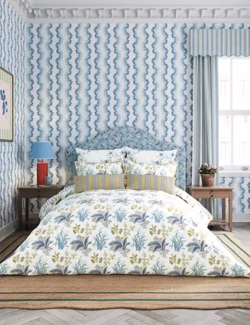 Sanderson Enys Garden Floral Cotton Sateen Bedding Set, Indigo Blue, W: 180 cm x L: 200 cm