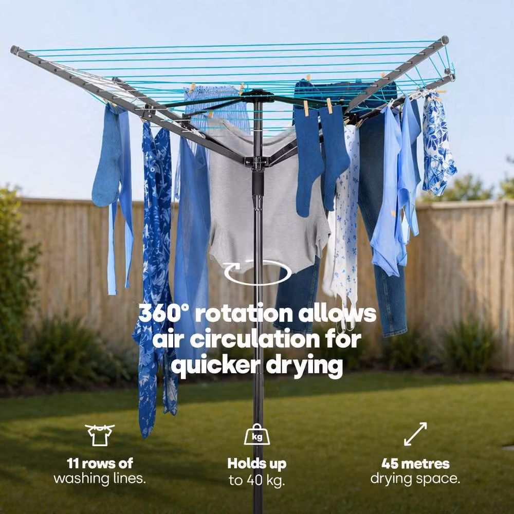 LIVIVO 4 Arm Outdoor Rotary Airer Washing Line with Spike and Cover in Grey and Silver – 4