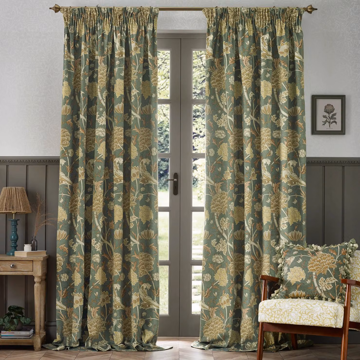 Morris & Co Cray Floral Velvet Pencil Pleat Room Darkening Curtains in Green, Width: 168 cm, Drop: 229 cm – 2