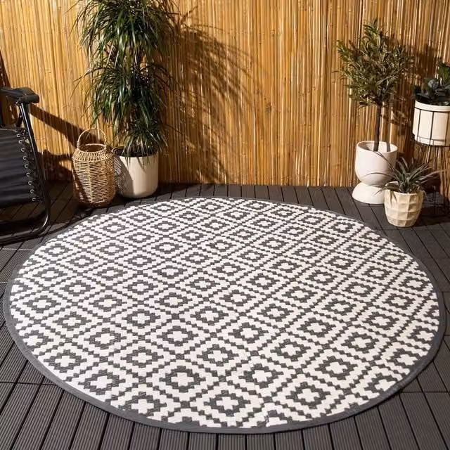 OHS Geometric Round Non-Slip Outdoor Rug in Grey