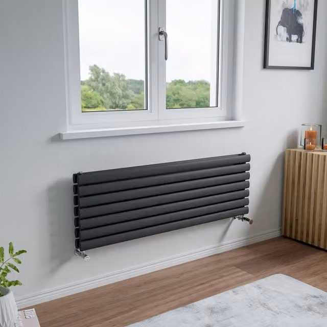 Agadon Neo Duplex Horizontal Oval Tube Designer Radiator in Dark Grey, H 29.4 cm x W 150 cm
