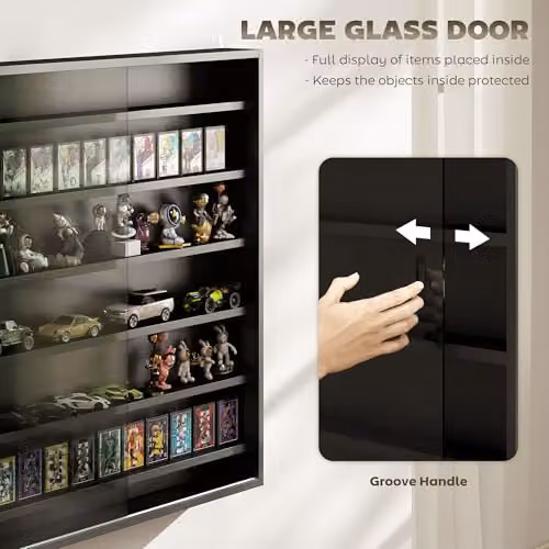 HOMCOM 7-Tier Wall Mounted Display Cabinet with Glass Doors in Black, W/H: 80 x 83 cm – 5