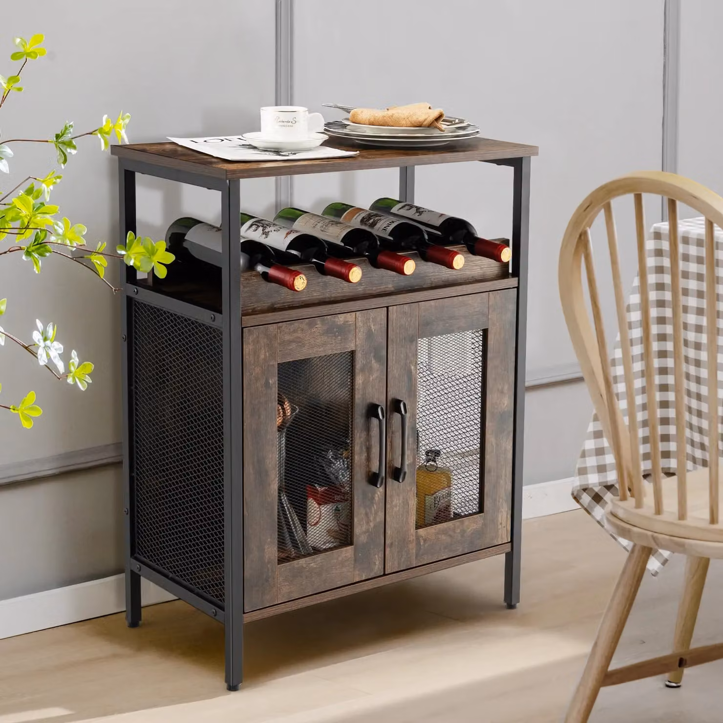 Costway Industrial Wine Bar Cabinet and Kitchen Storage Sideboard with Wine Rack and Glass Holders in Brown – 4