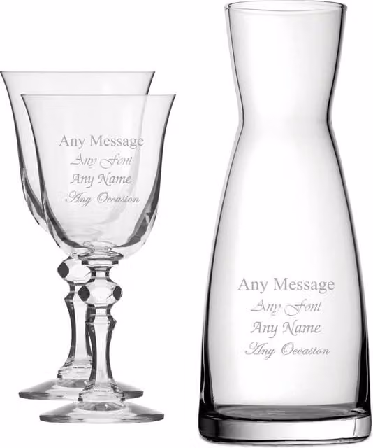 Uniqueful Personalised Crystal Jasmine Wine Glass and Carafe Set in Clear