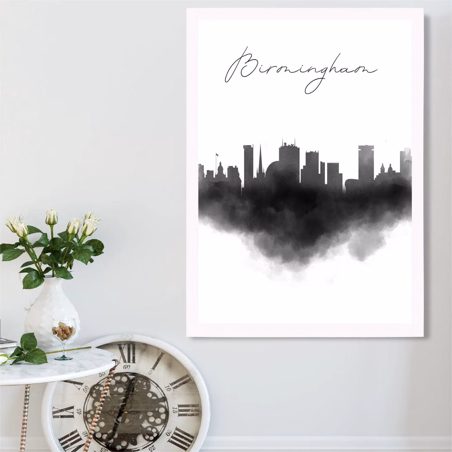 ARTZE Birmingham Watercolour Skyline City Framed Print, Black and White, A3 – 2