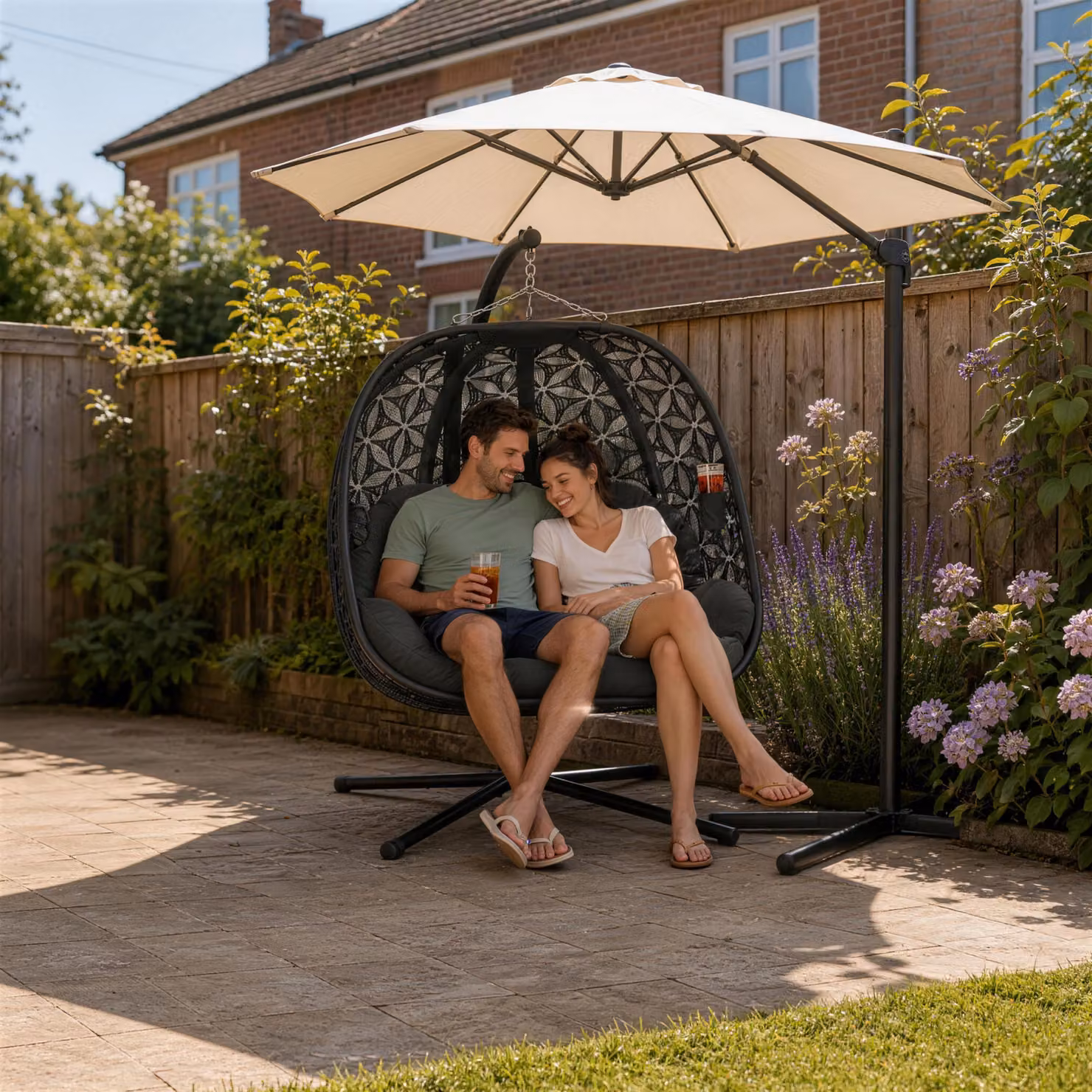 Outsunny Outdoor Double Hanging Chair with Cushions and Cup Holders, Charcoal Grey – 2