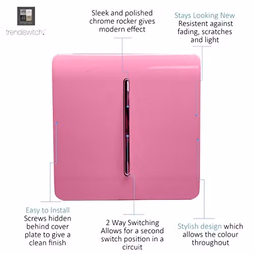 Trendi Switch 1 Gang 2 Way Screwless Modern Glossy Light Switch with Chrome Rocker in Candy Pink – 2