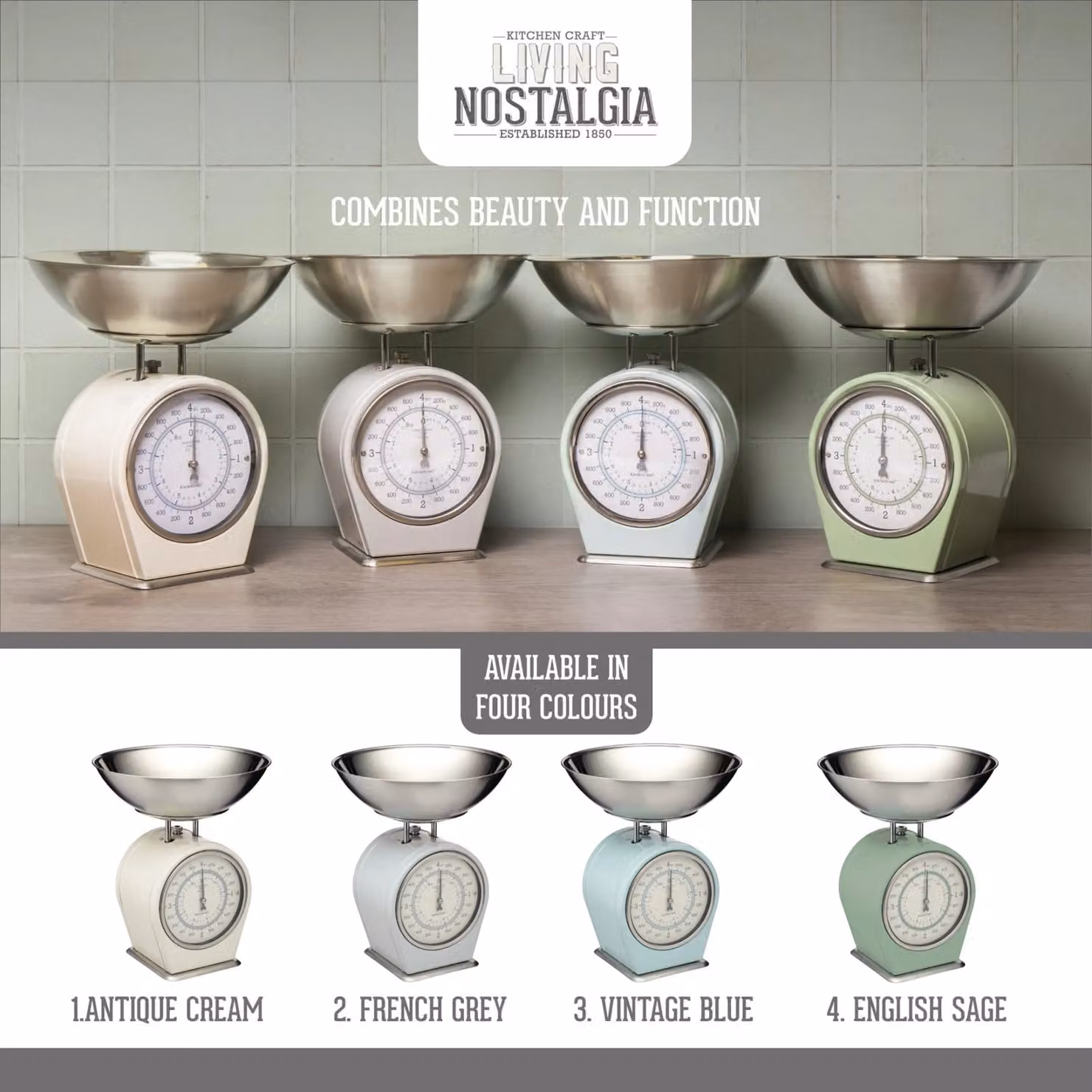 Living Nostalgia Antique Cream Manual Mechanical Kitchen Scales with Analog Display – 7