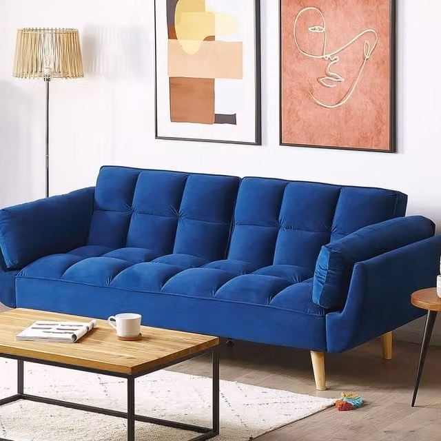 Wyld and Coco 3-Seater Navy Blue Velvet Sofa Bed with Rubberwood Legs and Pull-Out Frame, Double Size (140 x 200 cm) – 1